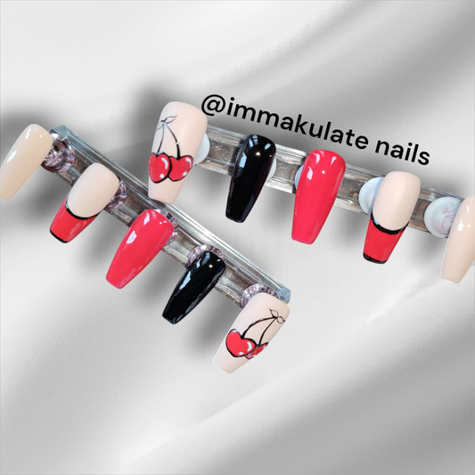 three color cherry nails with french tip
